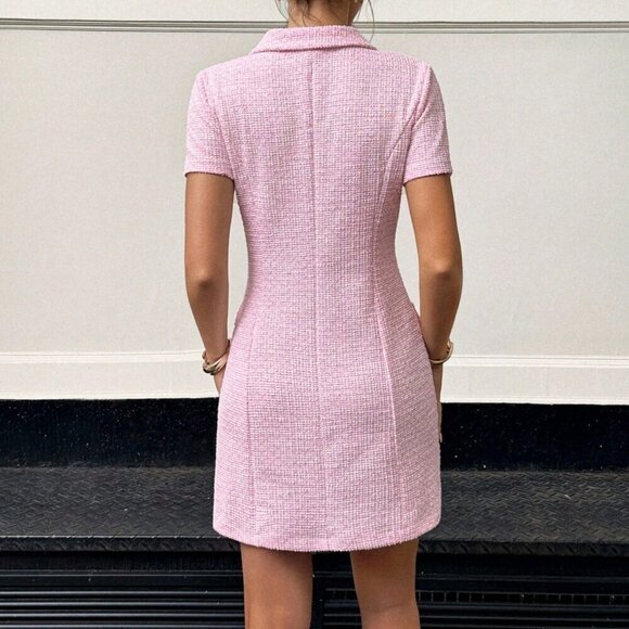 Baby Pink Elegant Women's tweed Short Sleeve Single-Breasted Mini Dress - Picture 4 of 7
